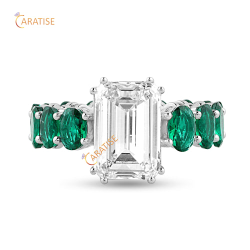 8.50 TDW Emerald And Oval Diamond Engagement Ring 925 Silver