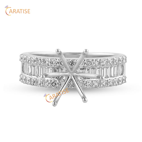 0.80 TDW Baguette & Round Cut Diamond Ring 925 Silver