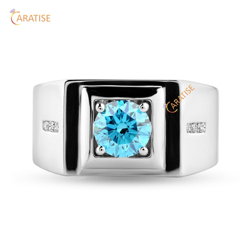 1.09 TDW Fancy Blue Round Cut Moissanite Diamond Men's Engagement Ring 925 Silver