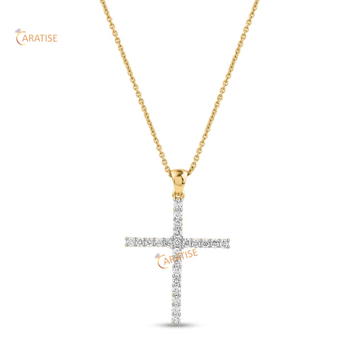 0.35 TDW Round Cut Diamond Cross Pendant With Chain 925 Silver