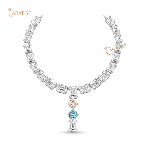 20.23 TDW Emerald & Round Cut Diamond Necklace 925 Silver