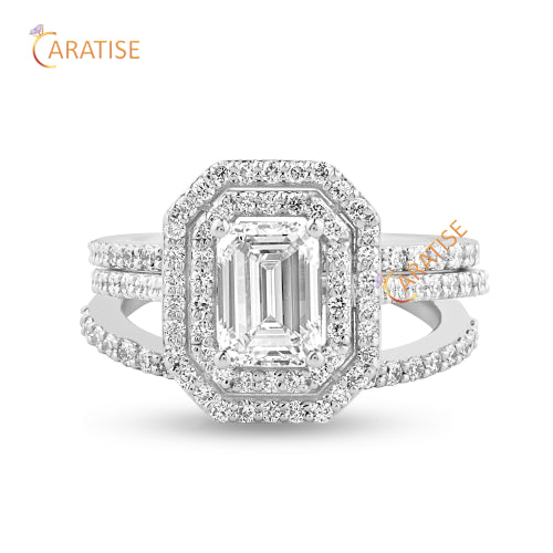 1.474 TDW Emerald & Round Cut Diamond Halo Ring 925 Silver