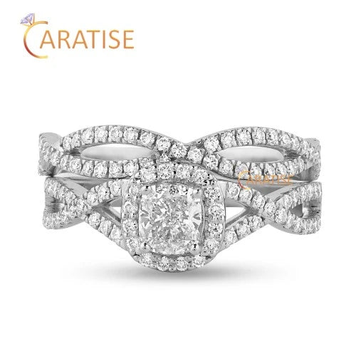 0.91 TDW Cushion & Round Cut Diamond Ring with Band 925 Silver