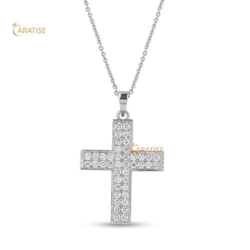 0.58 TDW Round Cut Diamond Cross Pendant With Chain 925 Silver