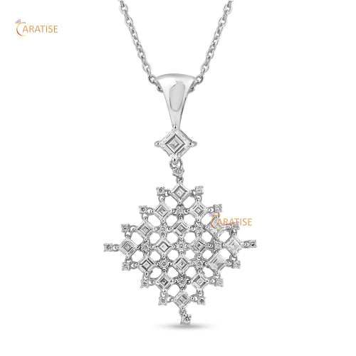 1.08 TDW Carre & Round Cut Diamond Pendant With Chain 925 Silver
