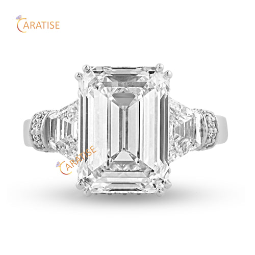 6.53 TDW Emerald, trapezoid & Round Cut Diamond Ring 925 Silver