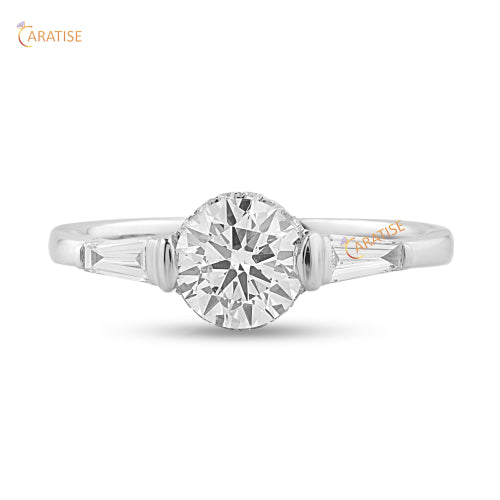 1.34 TDW Round & Baguette Cut Moissanite Diamond Halo Ring 925 Silver