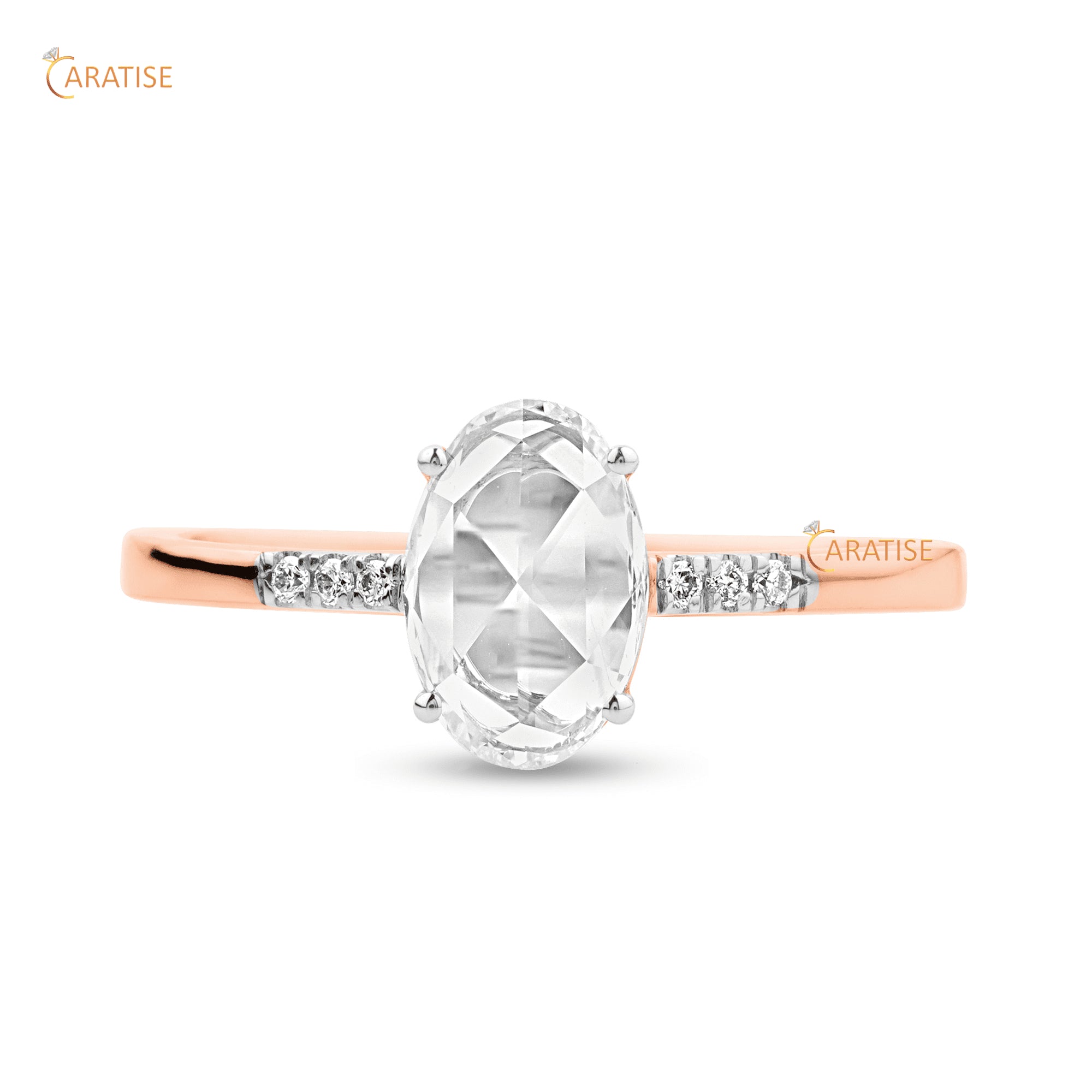 0.62 TDW Oval Rose Cut & Round Moissanite Diamond Engagement Ring 925 Silver