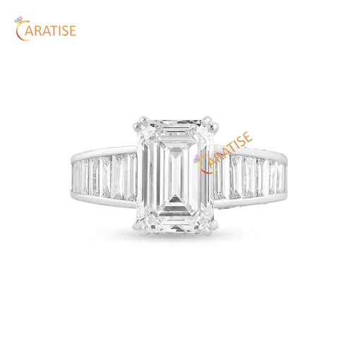 5.70 TDW Emerald,Baguette & Round Moissanite Diamond Engagement Ring 925 Silver