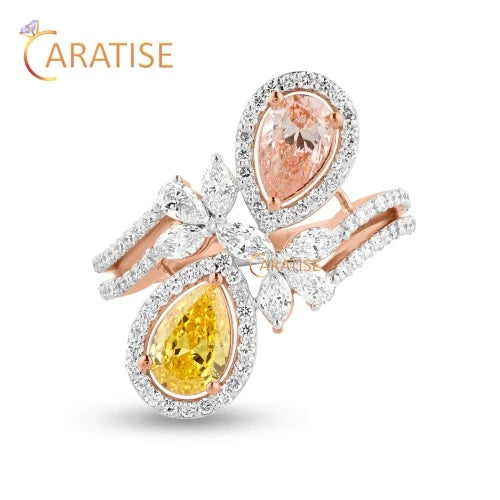 1.68 TDW F.P. & F.Y. Pear, Marquise, Round Cut Diamond Engagement Ring 925 Silver