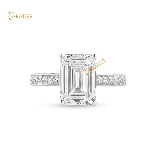 3.78 TDW Emerald & Round Cut Moissanite Diamond Ring 925 Silver