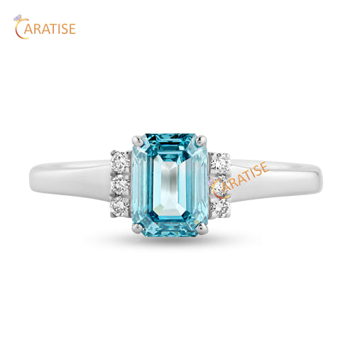 1.07 TDW F.B. Emerlad & Round Cut Moissanite Diamond Engagement Ring 925 Silver