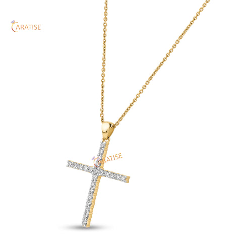 0.35 TDW Round Cut Diamond Cross Pendant With Chain 925 Silver
