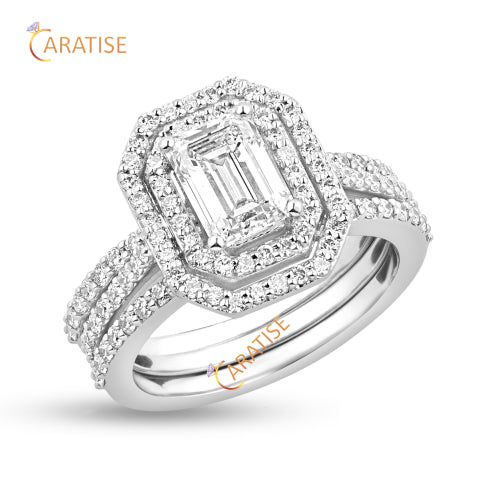 1.474 TDW Emerald & Round Cut Diamond Halo Ring 925 Silver