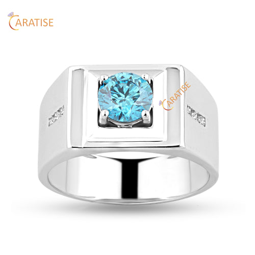 1.09 TDW Fancy Blue Round Cut Moissanite Diamond Men's Engagement Ring 925 Silver