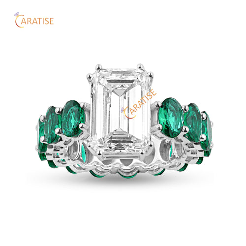 8.50 TDW Emerald And Oval Diamond Engagement Ring 925 Silver