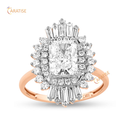 2.62 TDW Baguette,Radiant & Round Cut Diamond Halo Ring 925 Silver