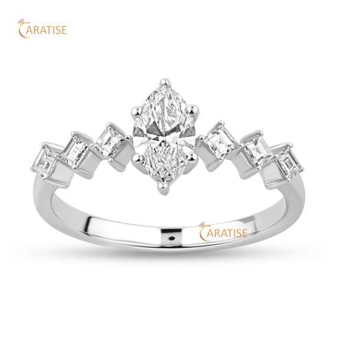 0.77 TDW Marquise & Carre Cut Moissanite Diamond Engagement Ring 925 Silver