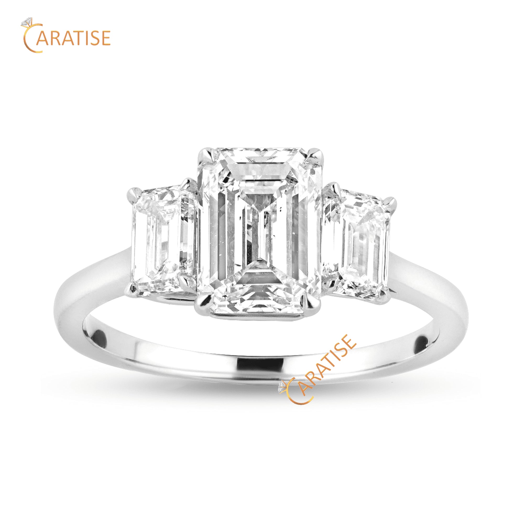 2.10 TDW Emerald,Baguette & Round Cut Moissanite Engagement Diamond Ring 925 Silver