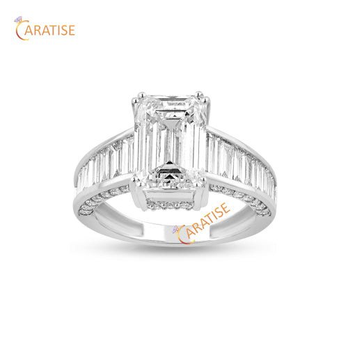 5.70 TDW Emerald,Baguette & Round Moissanite Diamond Engagement Ring 925 Silver