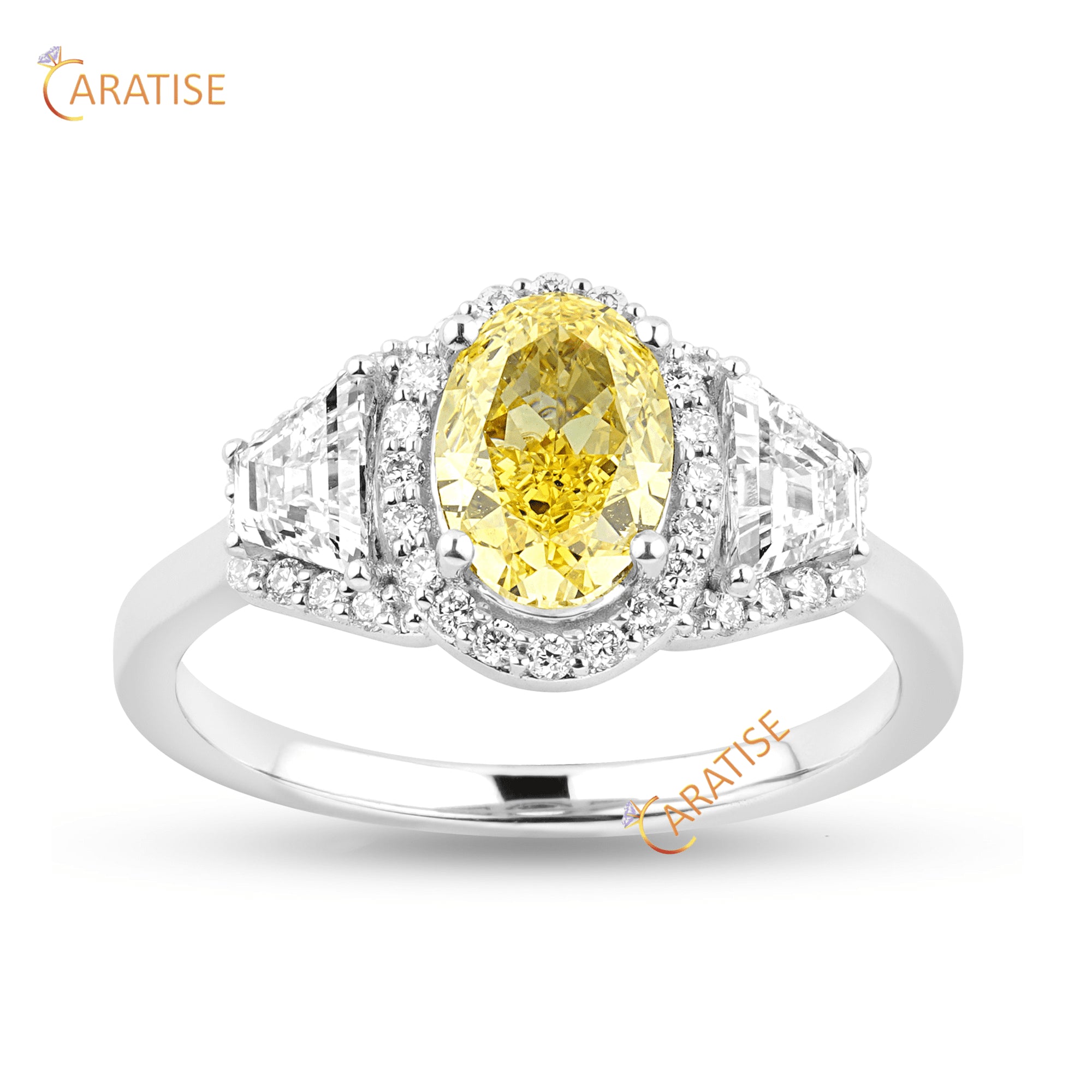 2.29 TDW Fancy Yellow Oval ,Trapezoid & Round Cut Diamond Engagement Ring 925 Silver