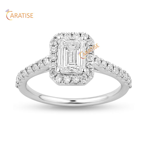 1.11 TDW Emerald & Round Cut Halo Pattern Diamond Halo Ring 925 Silver