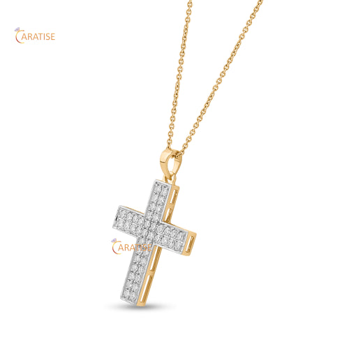 0.58 TDW Round Cut Diamond Cross Pendant With Chain 925 Silver