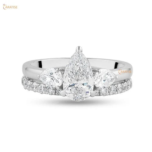 1.17 TDW Pear & Round Diamond Ring with Band 925 Silver
