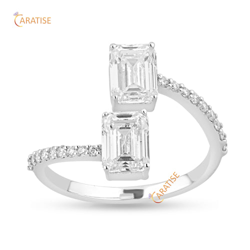 2.24 TDW Emerald & Round Cut Moissanite Diamond Ring Engagement 925 Silver