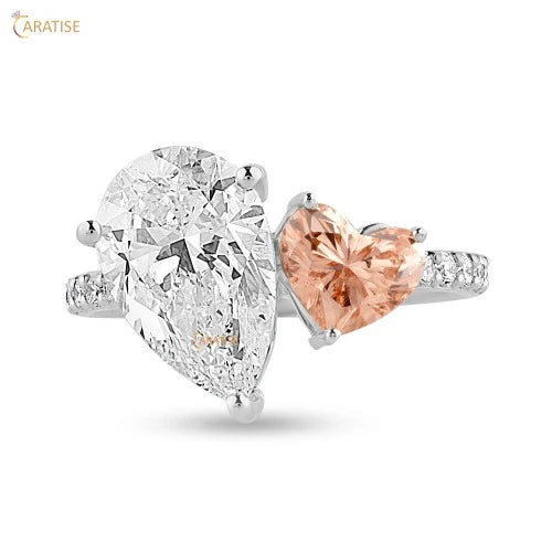 3.36 TDW F.P. Heart,Pear & Round Cut Moissanite Diamond Engagement Ring 925 Silver