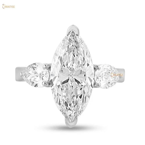 3.61 TDW Marquise & Pear Cut Diamond Three Stone Ring 925 Silver