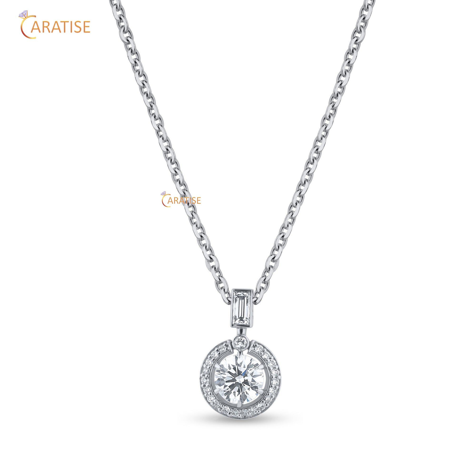0.98 TDW Round & Baguette Cut Moissanite Diamond Custom Pendant With Chain 925 Silver