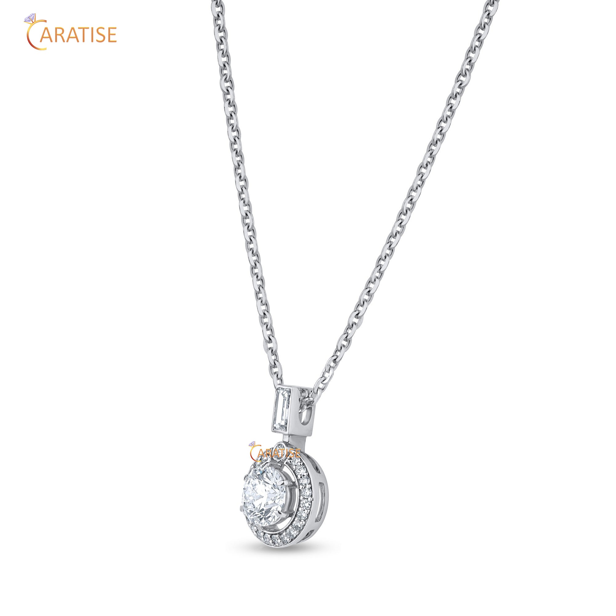 0.98 TDW Round & Baguette Cut Moissanite Diamond Custom Pendant With Chain 925 Silver