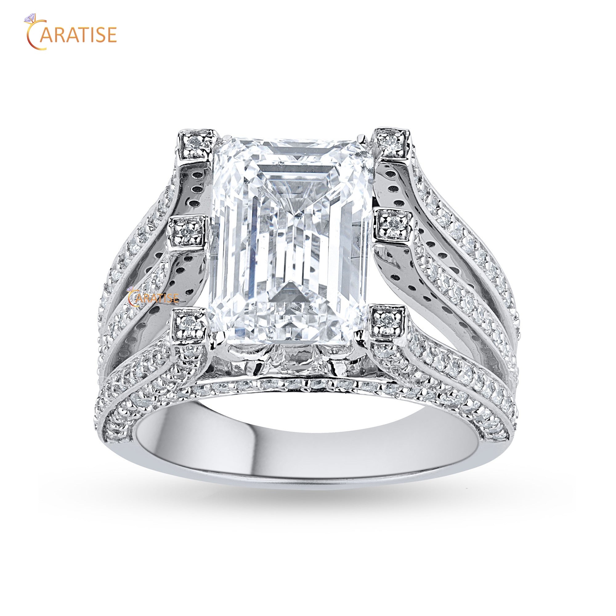 4.26 TDW Round & Emerald Cut Moissanite Diamond Engagement Ring 925 Silver