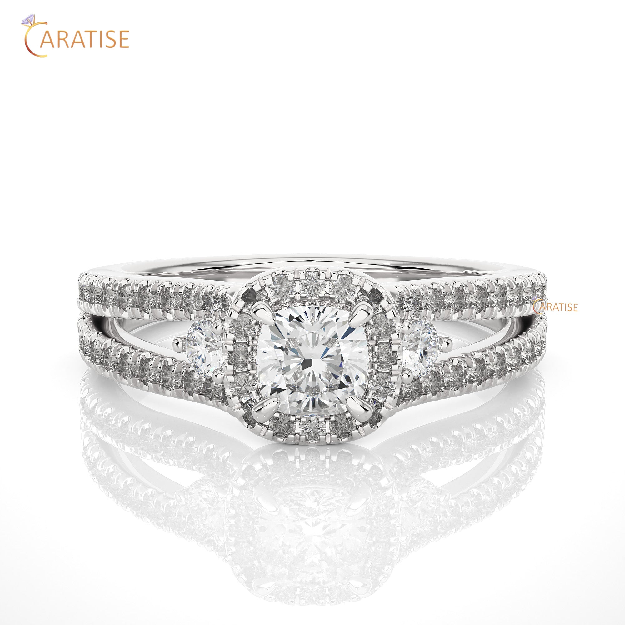 0.96 TDW Round & Cushion Cut Moissanite Diamond Halo Ring 925 Silver