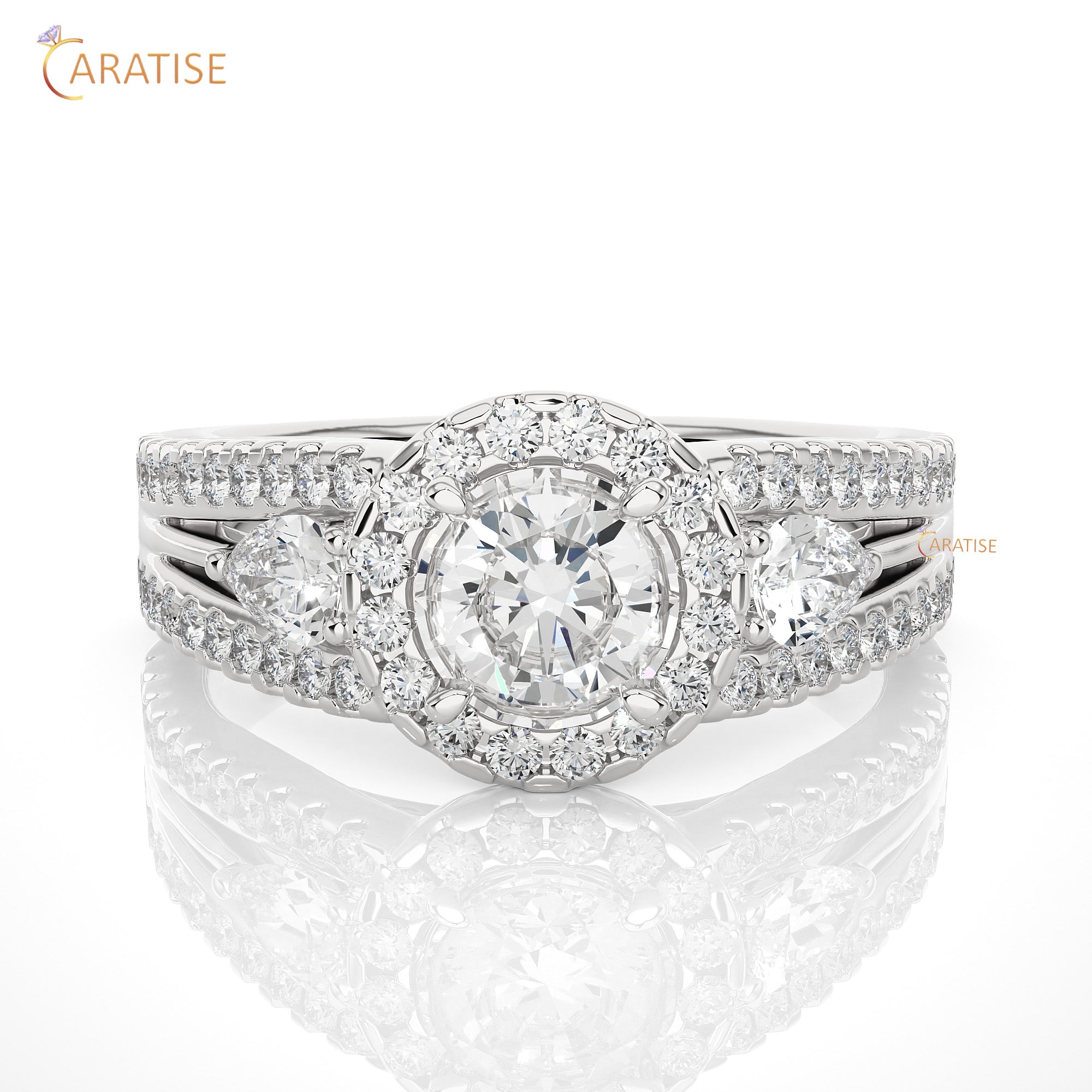 1.43 TDW Round & Pear Cut Halo Moissanite Diamond Ring 925 Silver