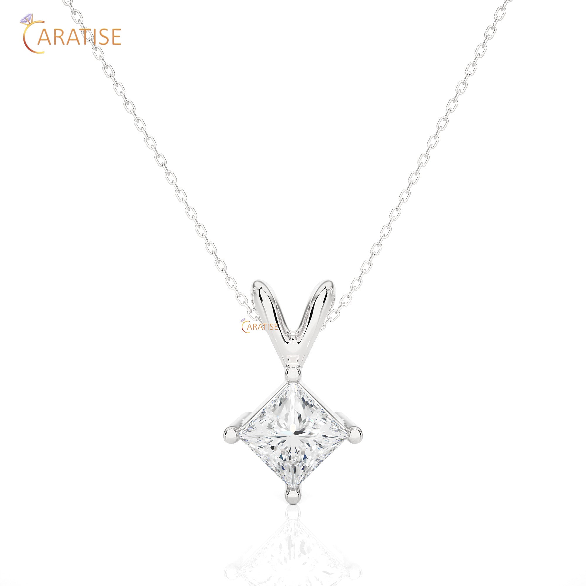 0.50 TDW Princess Cut Moissanite Diamond Solitaire Pendant With Chain 925 Silver