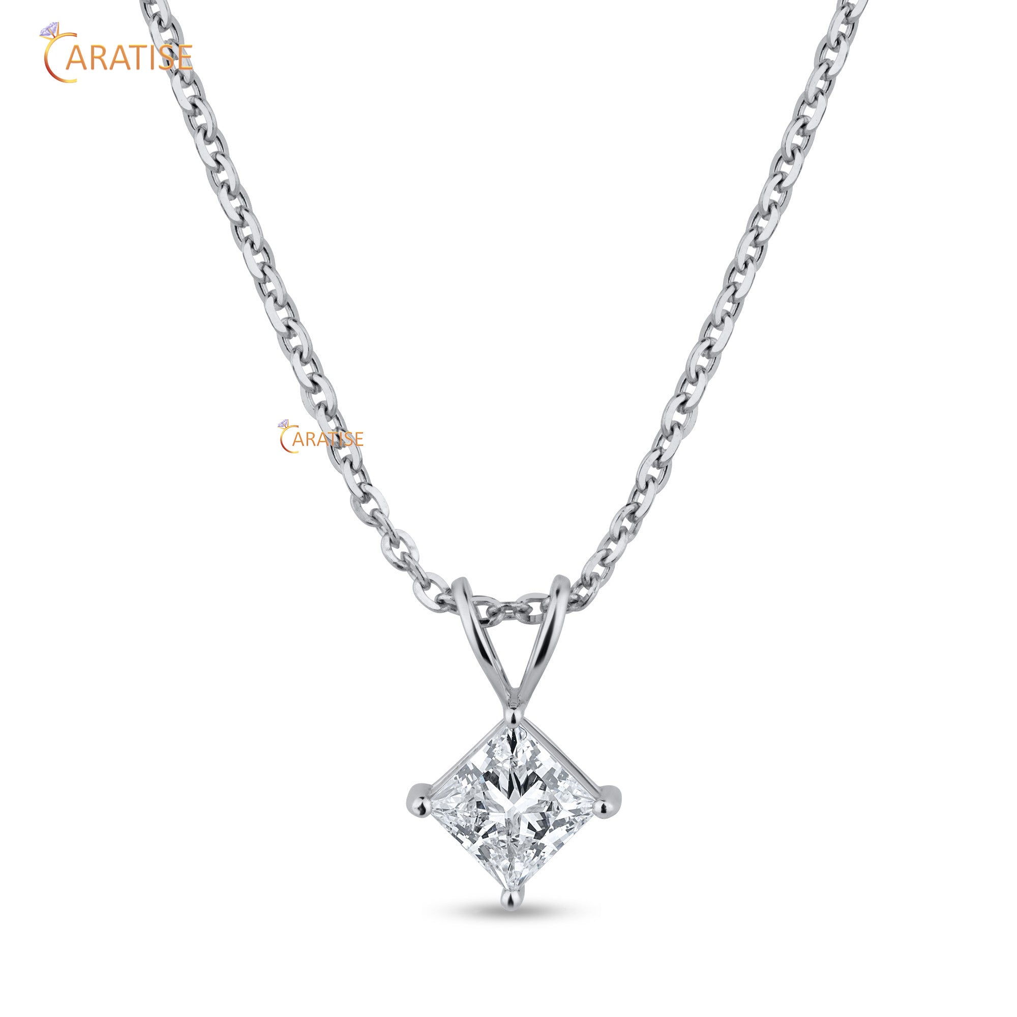 1.00 TDW Princess Cut Moissanite Diamond Solitaire Pendant With Chain 925 Silver
