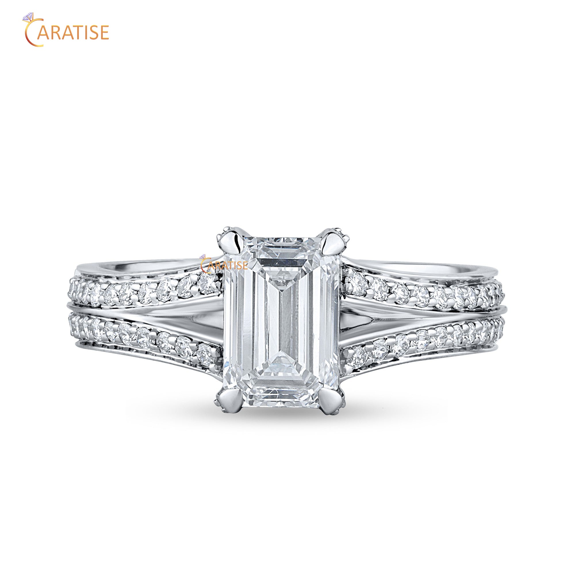 1.46 TDW Emerald & Round Cut Diamond Engagement Ring 925 Silver