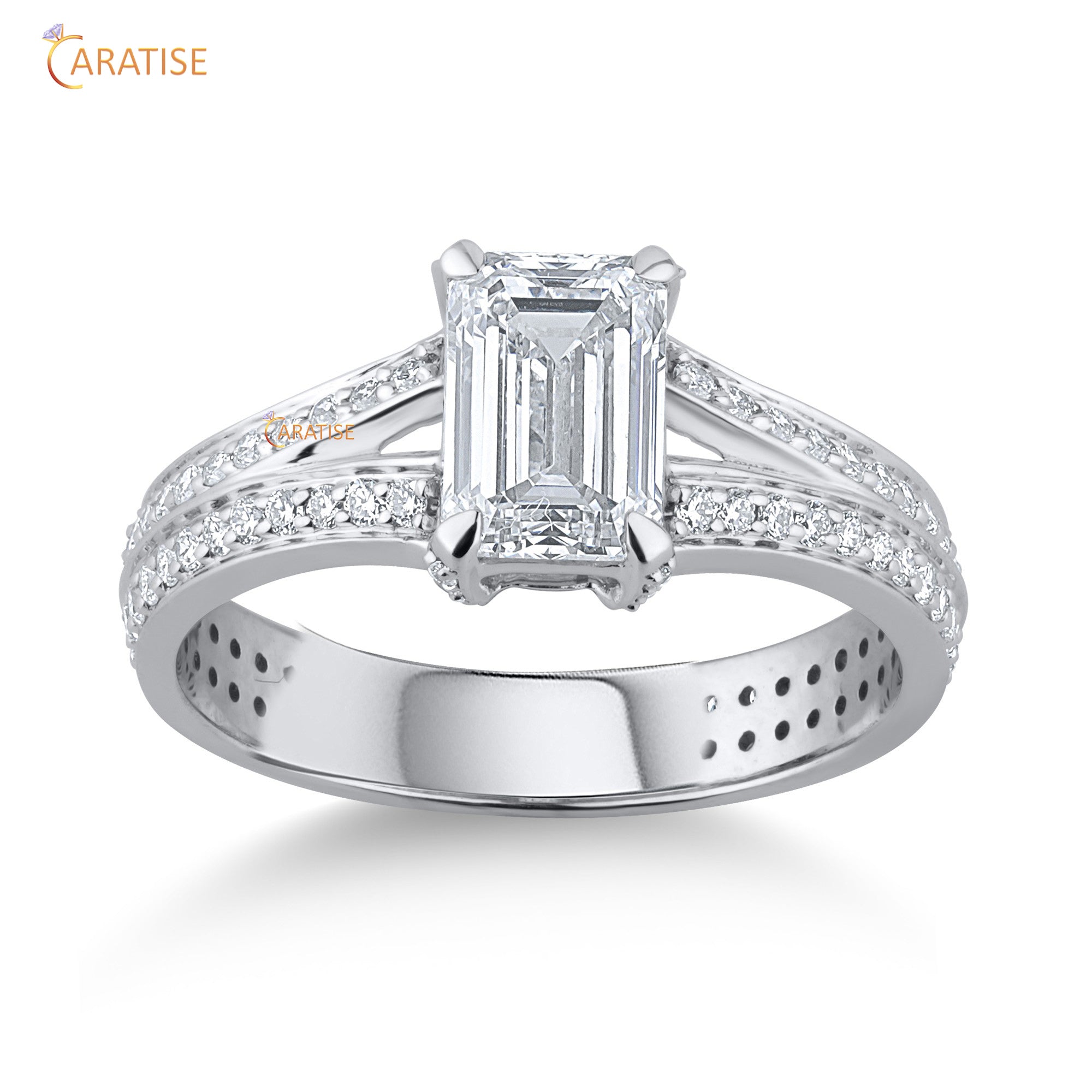 1.46 TDW Emerald & Round Cut Diamond Engagement Ring 925 Silver