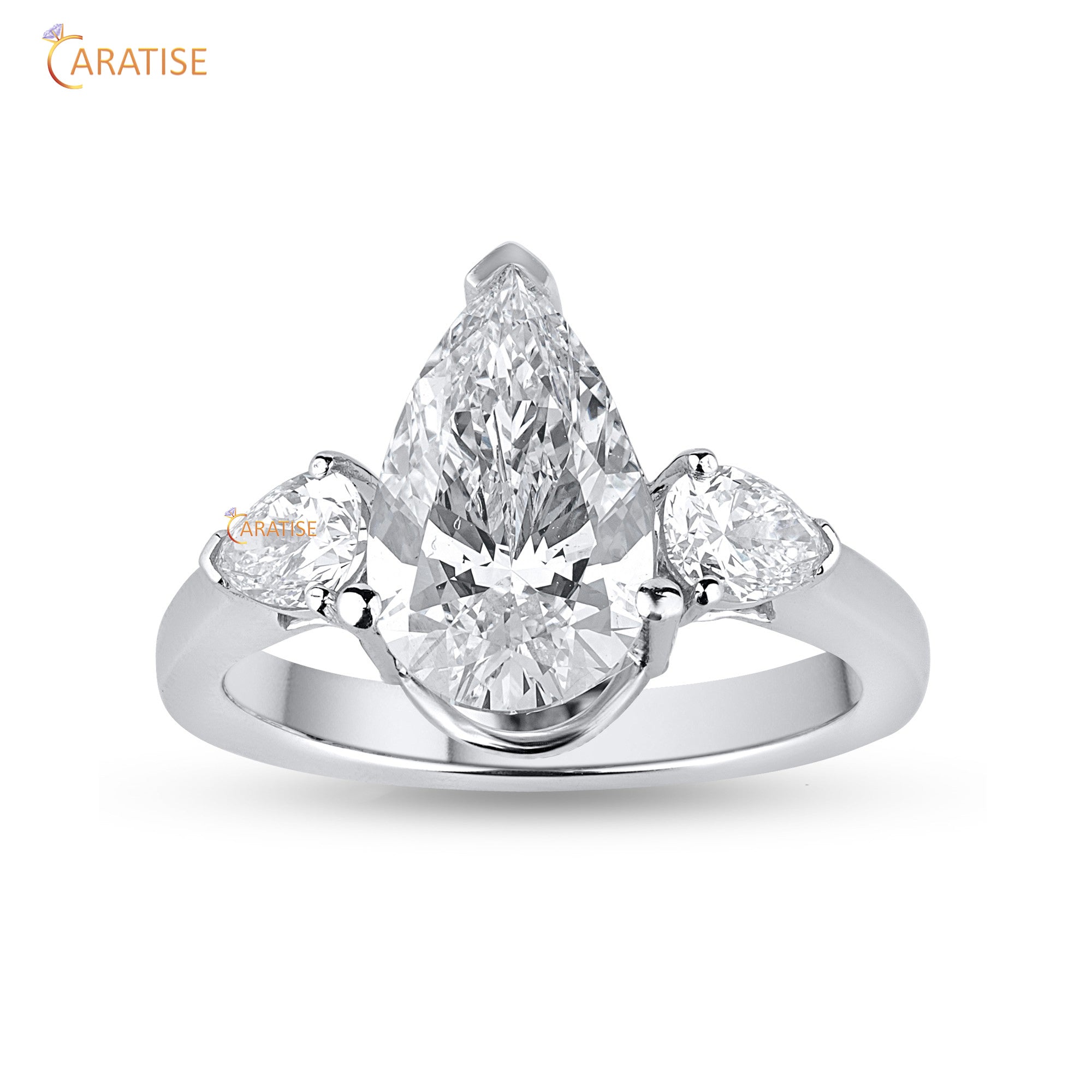 3.67 TDW Pear Cut Mossiante Diamond Three Stone Ring 925 Silver