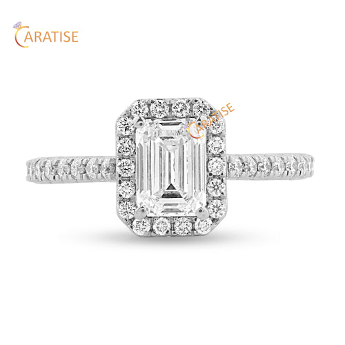1.11 TDW Emerald & Round Cut Halo Pattern Diamond Halo Ring 925 Silver