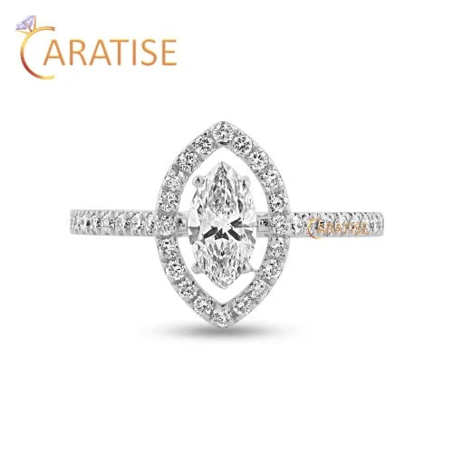 0.838 TDW Marquise & Round Cut Diamond Halo Ring 925 Silver