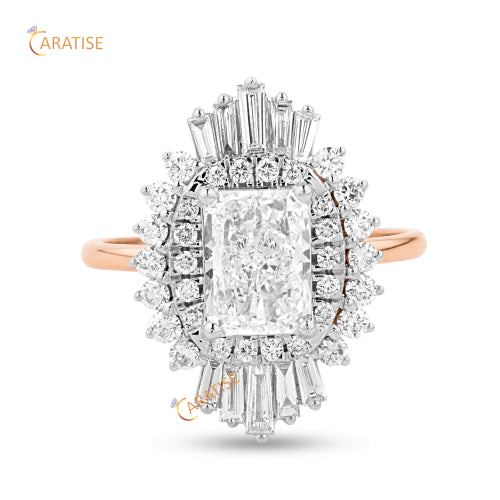 2.62 TDW Baguette,Radiant & Round Cut Diamond Halo Ring 925 Silver