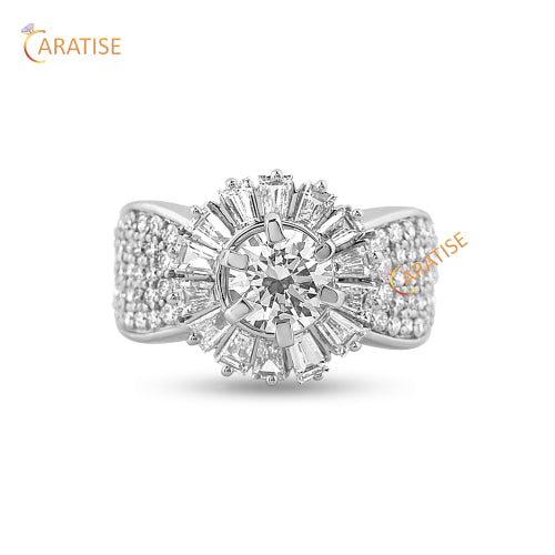 3.11 TDW Baguette and Round Cut Diamond Engagement Ring 925 Silver