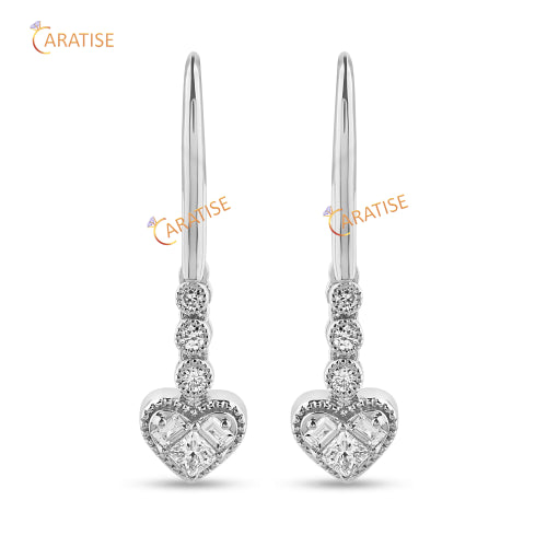0.69 TDW Princess,Baguette And Round Cut Diamond Earring 925 Silver