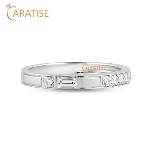 0.303 TDW Baguette & Round Cut Diamond BandRing 925 Silver