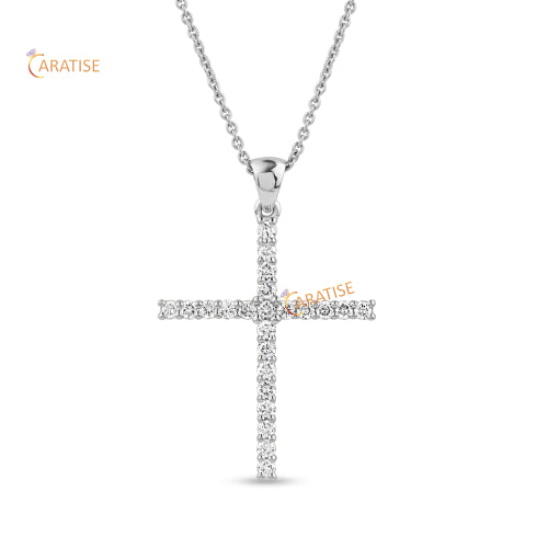 0.35 TDW Round Cut Diamond Cross Pendant With Chain 925 Silver