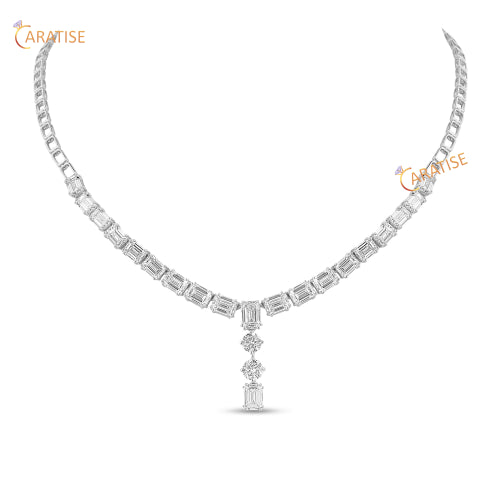 20.25 TDW Emerald & Round Cut Diamond Necklace 925 Silver