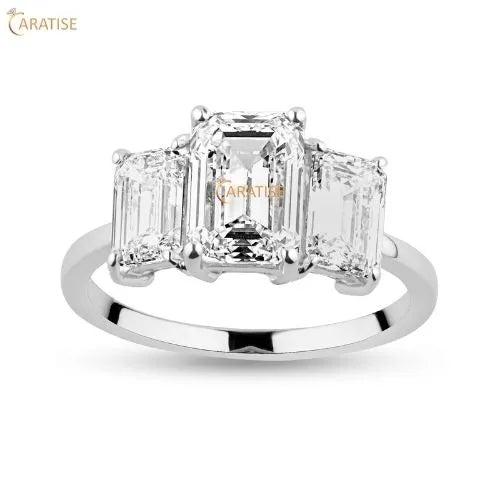 2.75 TDW Emerald Cut Mossanite Diamond Three Stone Ring 925 Silver